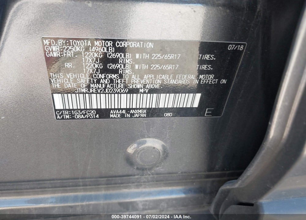 2018 TOYOTA RAV4 HYBRID LE VIN: JTMRJREV2JD239069