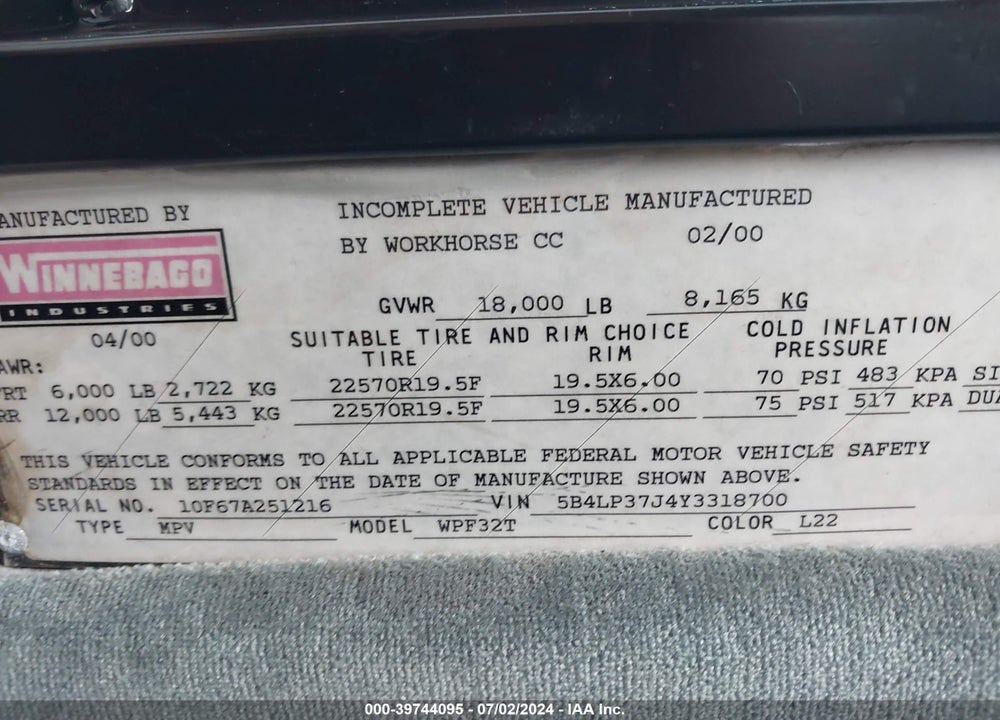 2000 WINNEBAGO WORKHORSE CLASS A VIN: 5B4LP37J4Y3318700