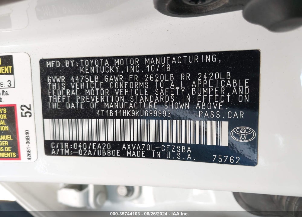 2019 TOYOTA CAMRY SE VIN: 4T1B11HK9KU699993