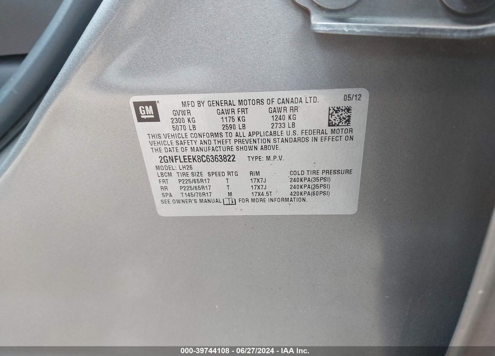 2012 CHEVROLET EQUINOX 1LT VIN: 2GNFLEEK8C6363822