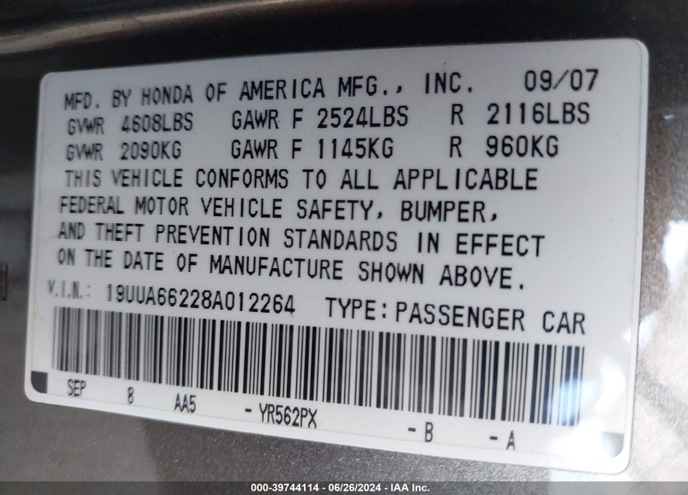 2008 ACURA TL 3.2 VIN: 19UUA66228A012264