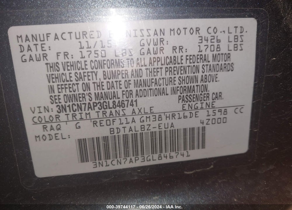 2016 NISSAN VERSA 1.6 SV VIN: 3N1CN7AP3GL846741