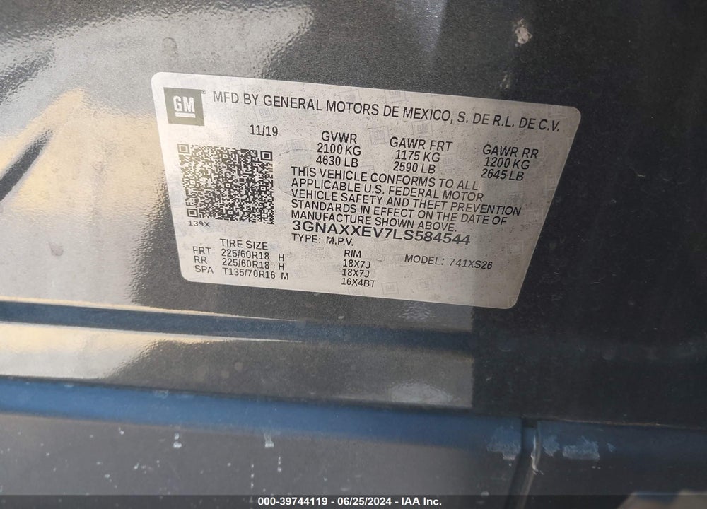 2020 CHEVROLET EQUINOX VIN: 3GNAXXEV7LS584544