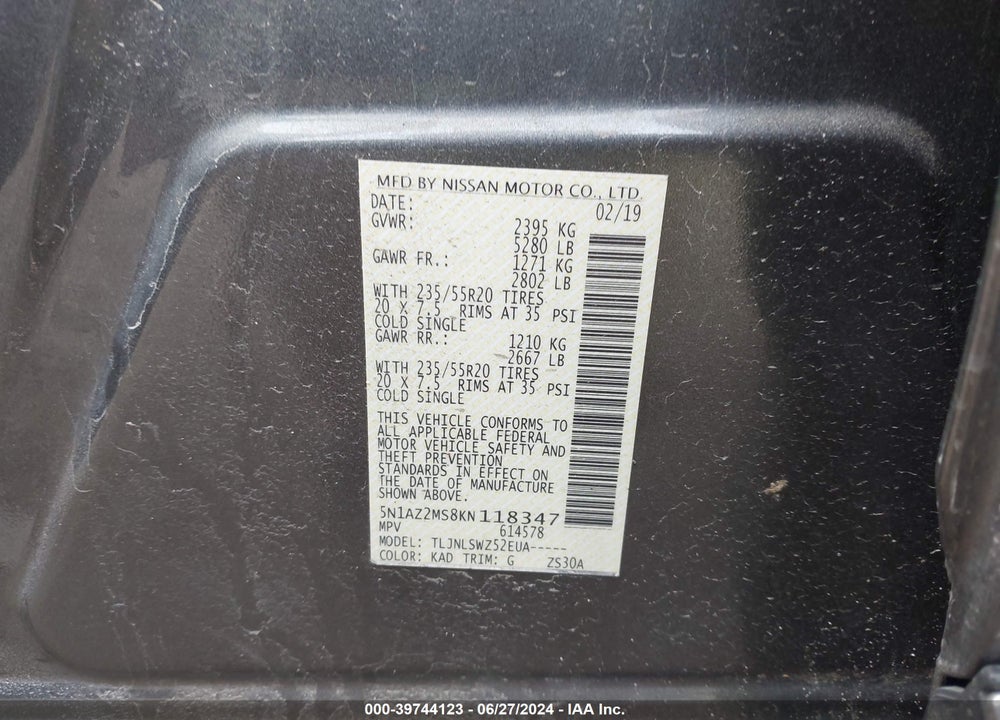 2019 NISSAN MURANO PLATINUM VIN: 5N1AZ2MS8KN118347