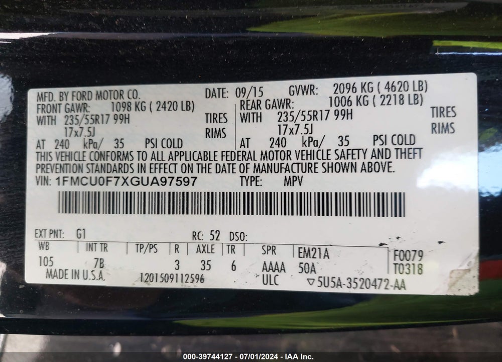 2016 FORD ESCAPE S VIN: 1FMCU0F7XGUA97597