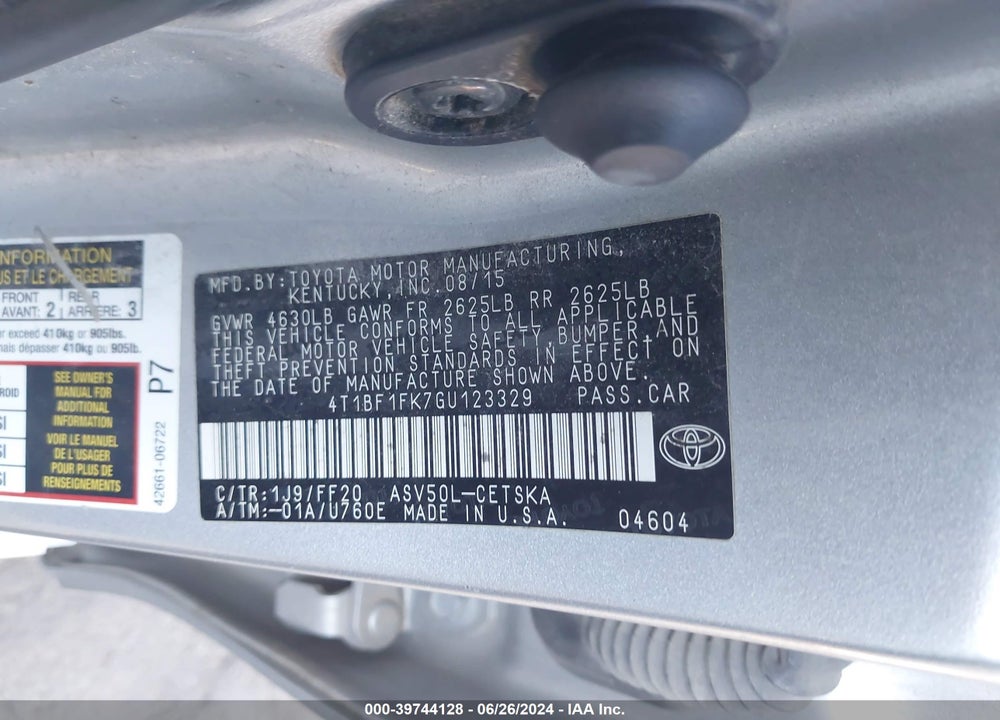 2016 TOYOTA CAMRY SE VIN: 4T1BF1FK7GU123329