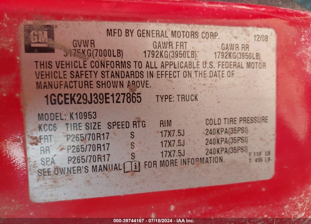 2009 CHEVROLET SILVERADO 1500 LT VIN: 1GCEK29J39E127865