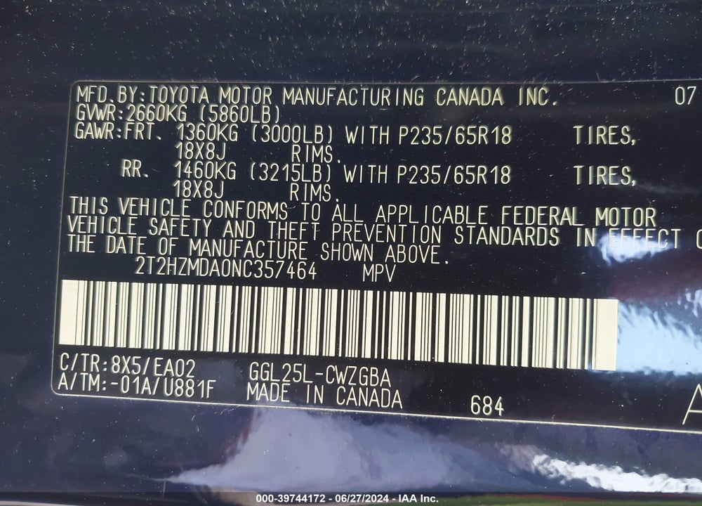 2022 LEXUS RX 350 VIN: 2T2HZMDA0NC357464