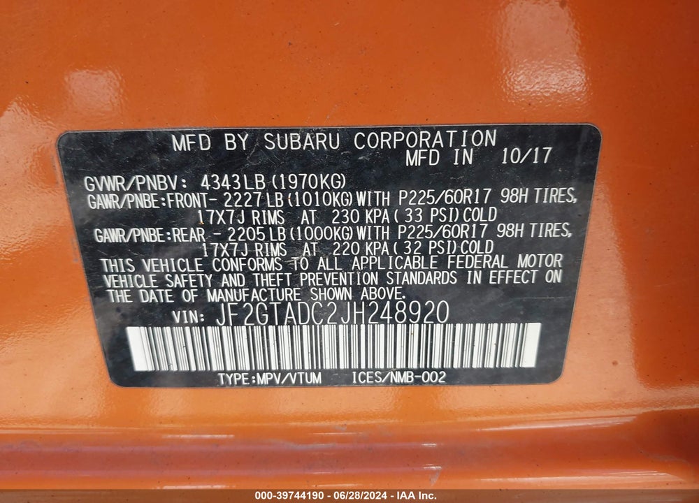 2018 SUBARU CROSSTREK 2.0I PREMIUM VIN: JF2GTADC2JH248920