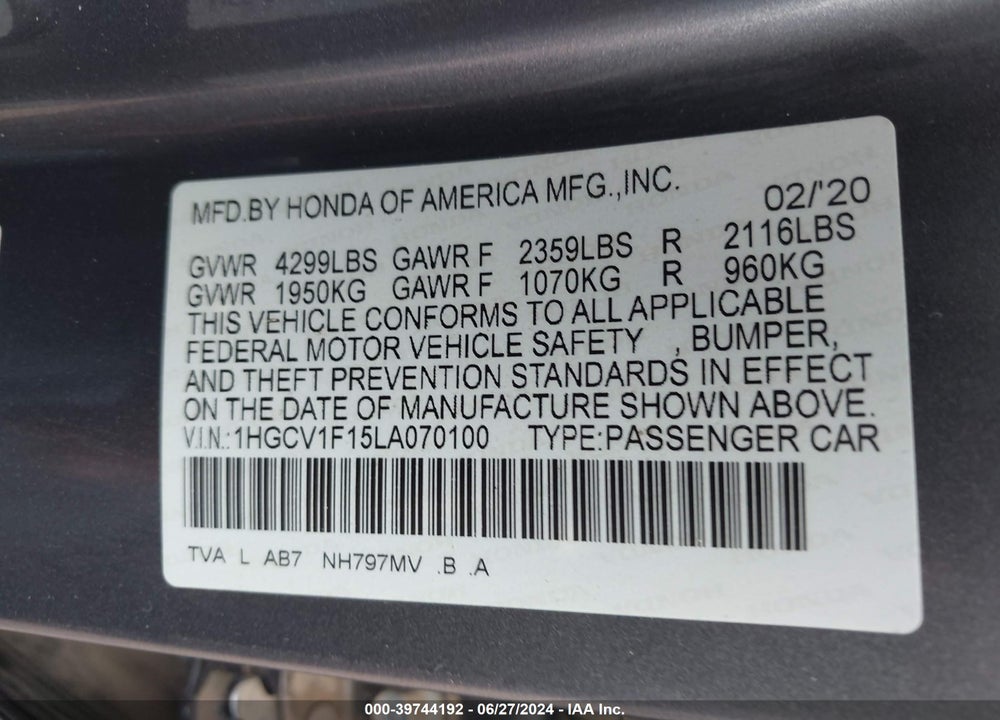 2020 HONDA ACCORD LX VIN: 1HGCV1F15LA070100
