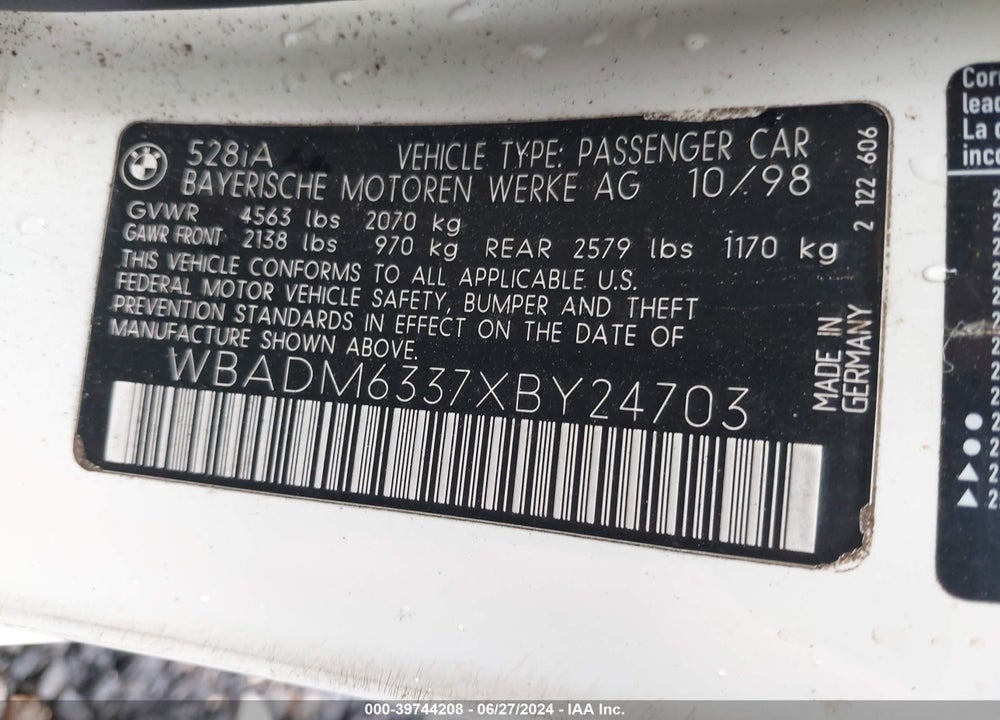 1999 BMW 528IA VIN: WBADM6337XBY24703