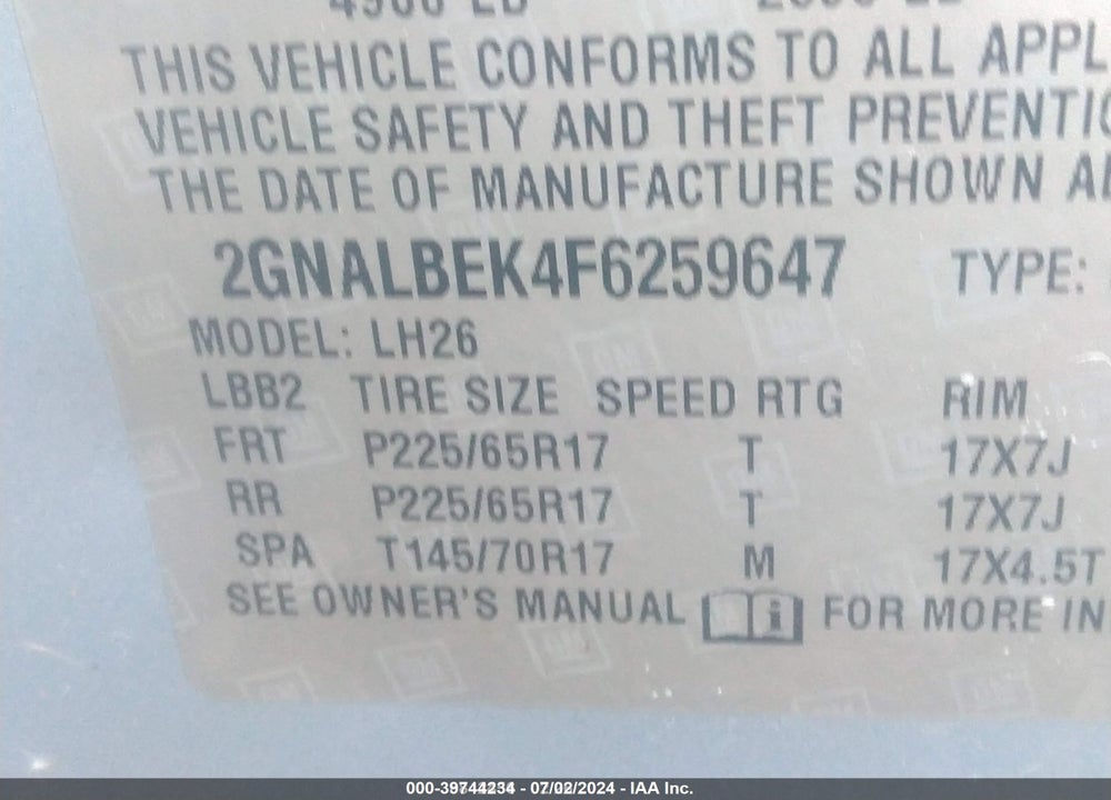 2015 CHEVROLET EQUINOX 1LT VIN: 2GNALBEK4F6259647