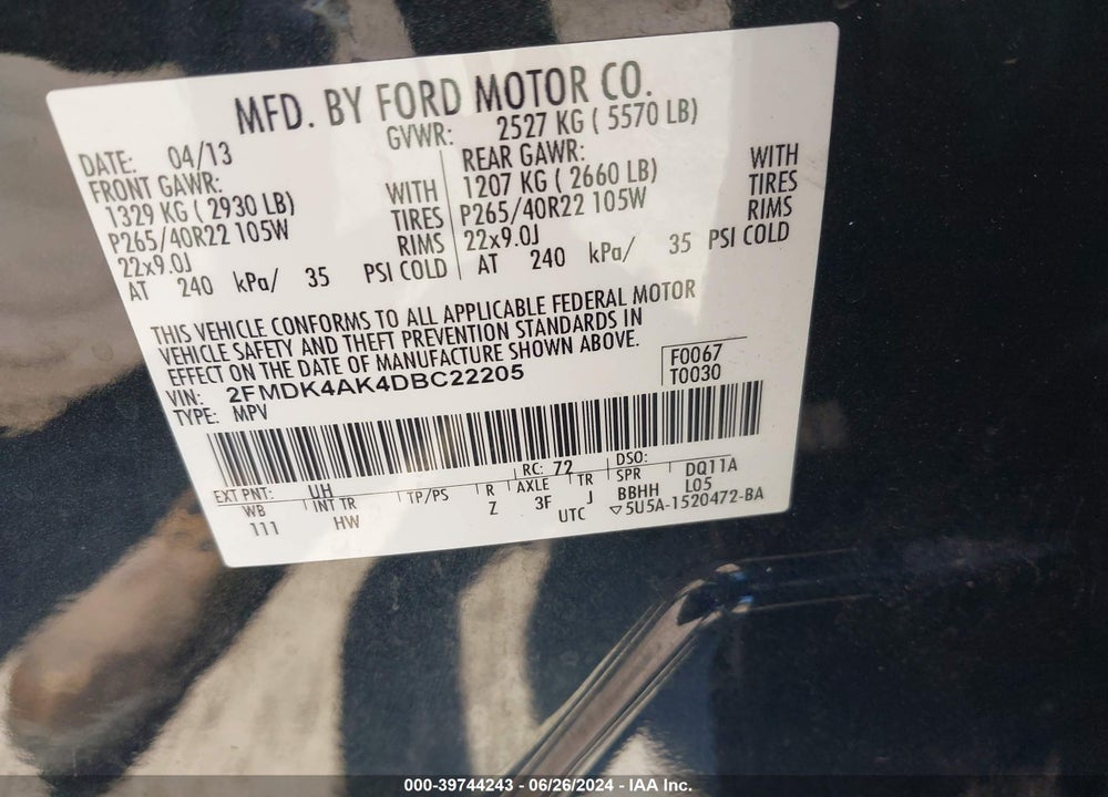 2013 FORD EDGE SPORT VIN: 2FMDK4AK4DBC22205