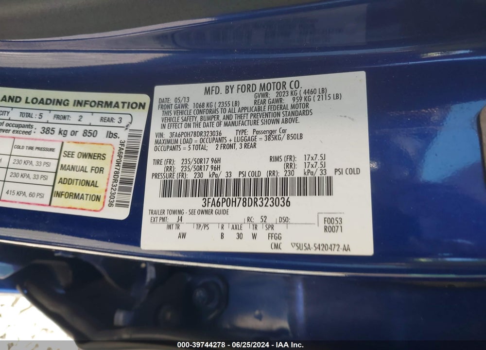 2013 FORD FUSION SE VIN: 3FA6P0H78DR323036