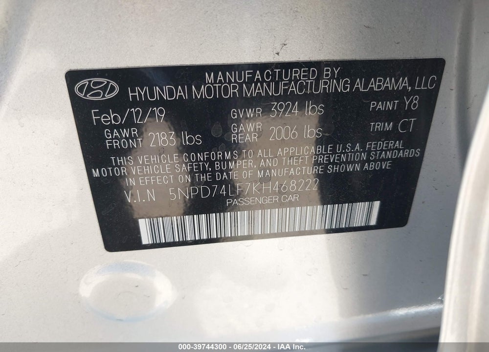 2019 HYUNDAI ELANTRA SE VIN: 5NPD74LF7KH468222