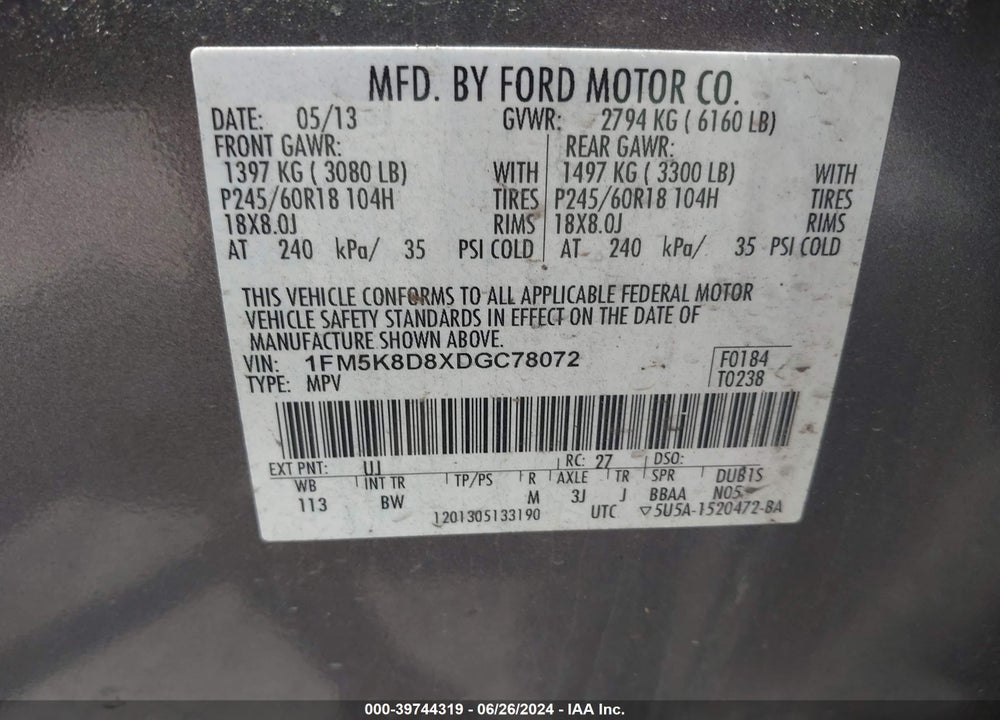 2013 FORD EXPLORER XLT VIN: 1FM5K8D8XDGC78072