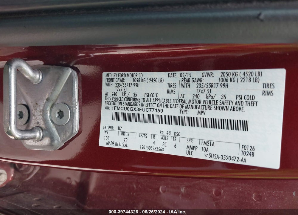 2015 FORD ESCAPE SE VIN: 1FMCU0GX3FUC77159