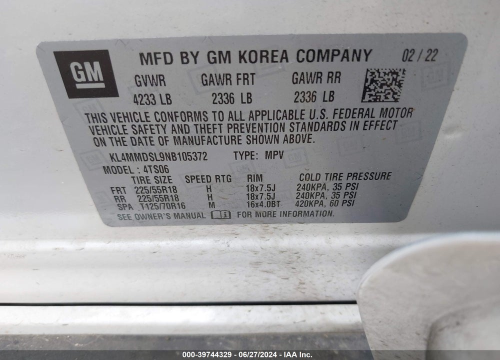 2022 BUICK ENCORE GX FWD SELECT VIN: KL4MMDSL9NB105372