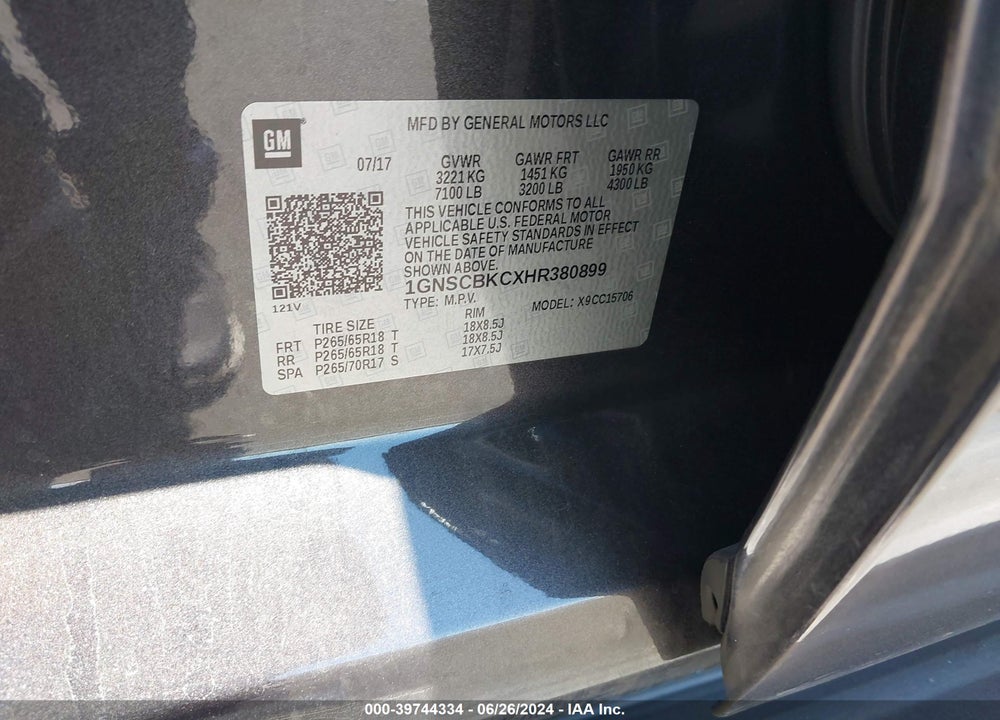 2017 CHEVROLET TAHOE LT VIN: 1GNSCBKCXHR380899