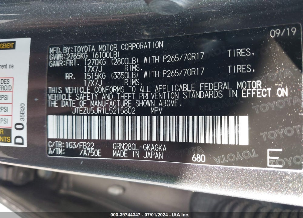 2020 TOYOTA 4RUNNER SR5 VIN: JTEZU5JR1L5215802