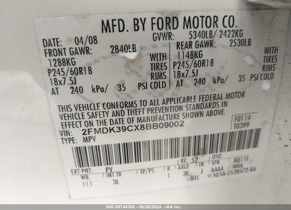 2008 FORD EDGE LIMITED VIN: 2FMDK39CX8BB09002