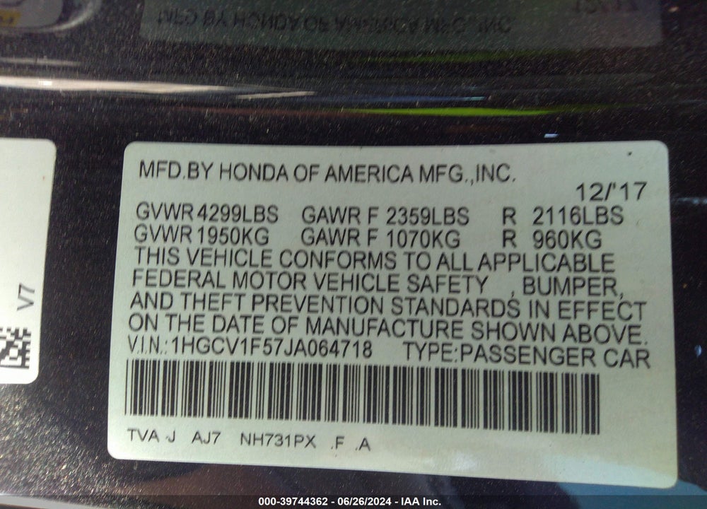 2018 HONDA ACCORD EX-L VIN: 1HGCV1F57JA064718