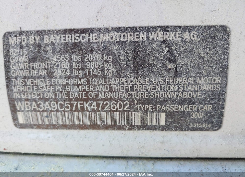 2015 BMW 335I VIN: WBA3A9C57FK472602
