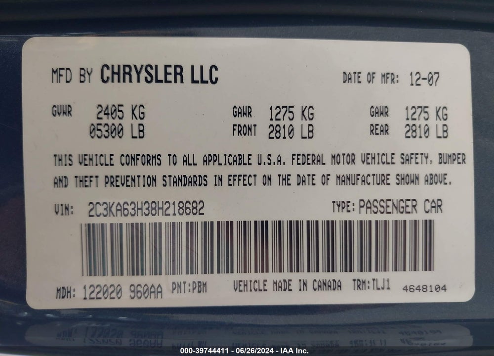 2008 CHRYSLER 300C HEMI VIN: 2C3KA63H38H218682