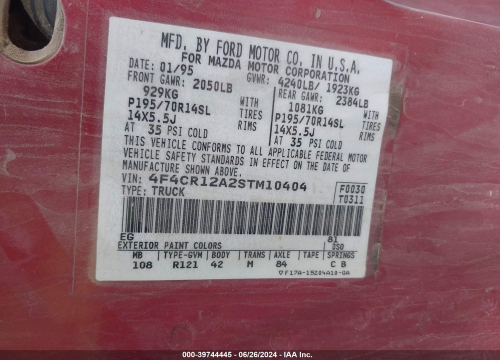 1995 MAZDA B2300 VIN: 4F4CR12A2STM10404