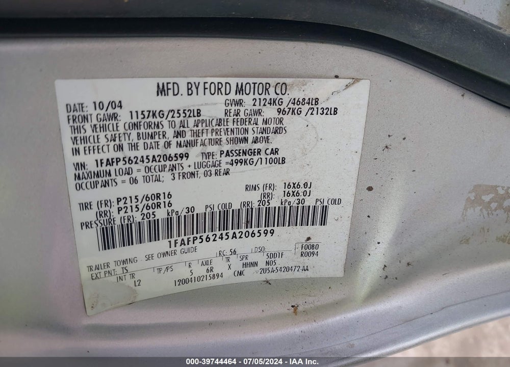 2005 FORD TAURUS SEL VIN: 1FAFP56245A206599