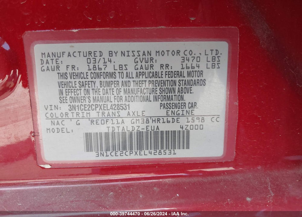 2014 NISSAN VERSA NOTE SV VIN: 3N1CE2CPXEL428531