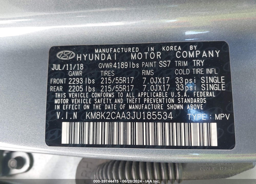 2018 HYUNDAI KONA SEL VIN: KM8K2CAA3JU185534