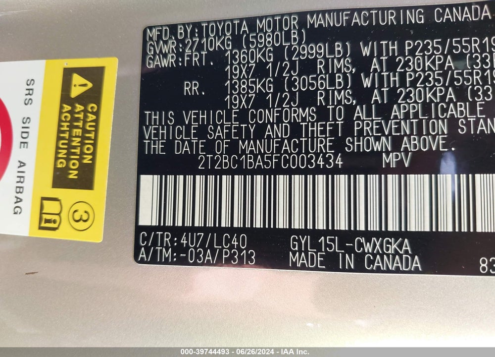 2015 LEXUS RX 450H VIN: 2T2BC1BA5FC003434