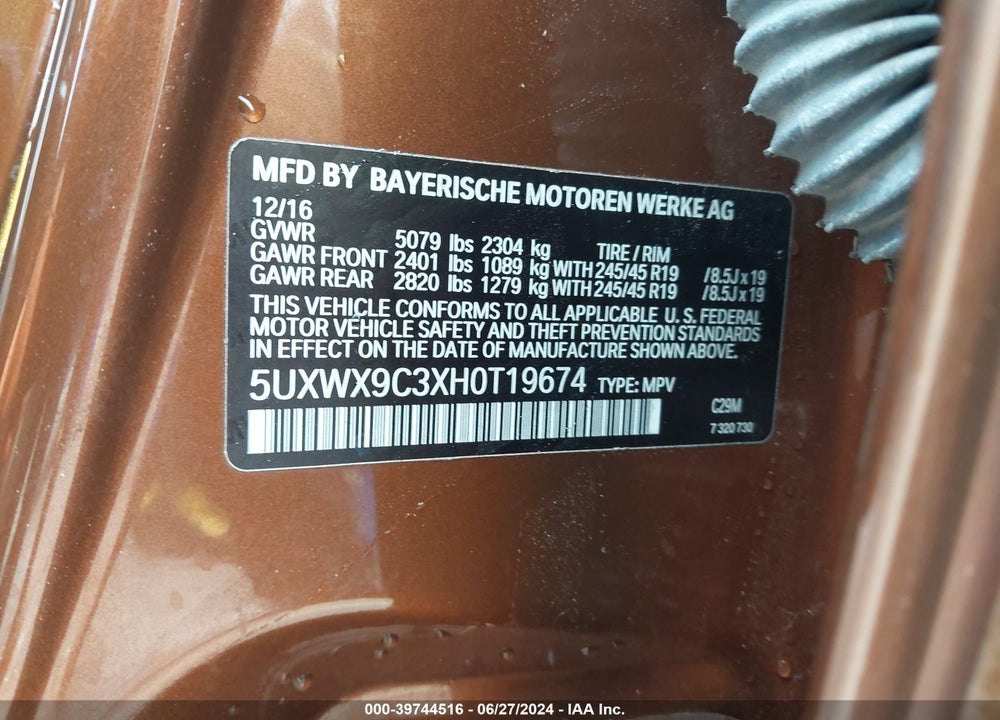 2017 BMW X3 XDRIVE28I VIN: 5UXWX9C3XH0T19674
