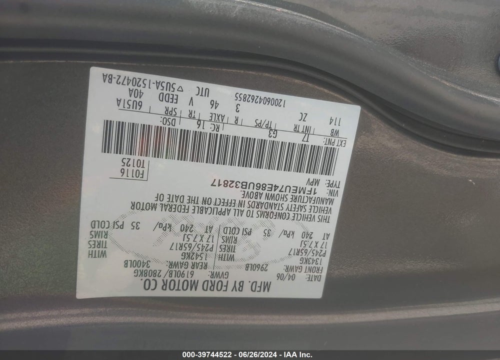2006 FORD EXPLORER VIN: 1FMEU74E86UB32817