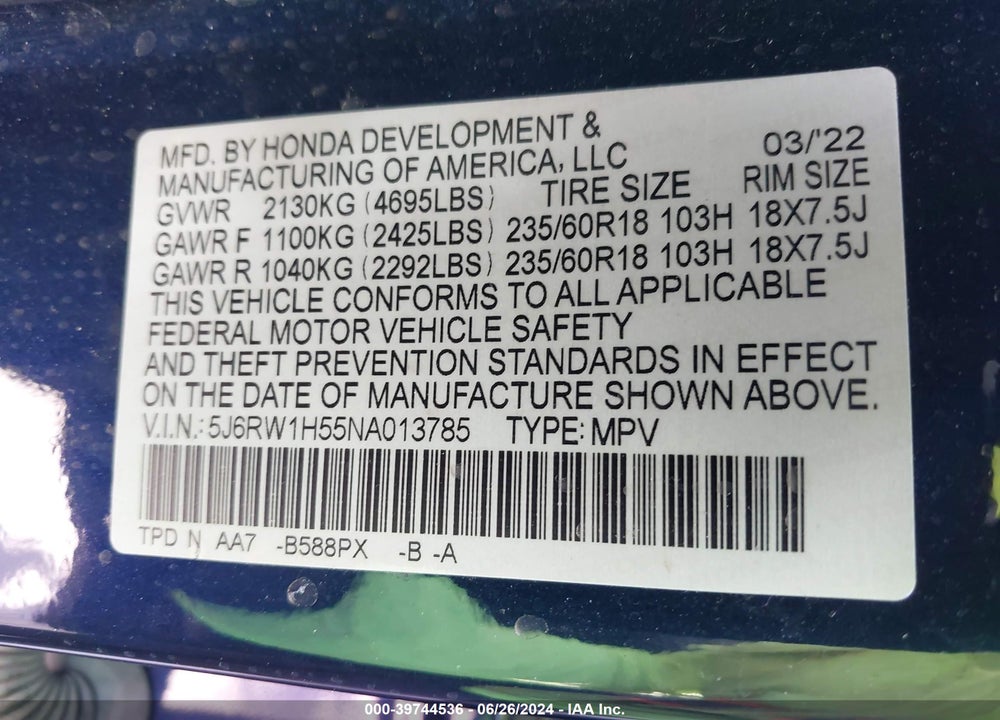 2022 HONDA CR-V 2WD EX VIN: 5J6RW1H55NA013785