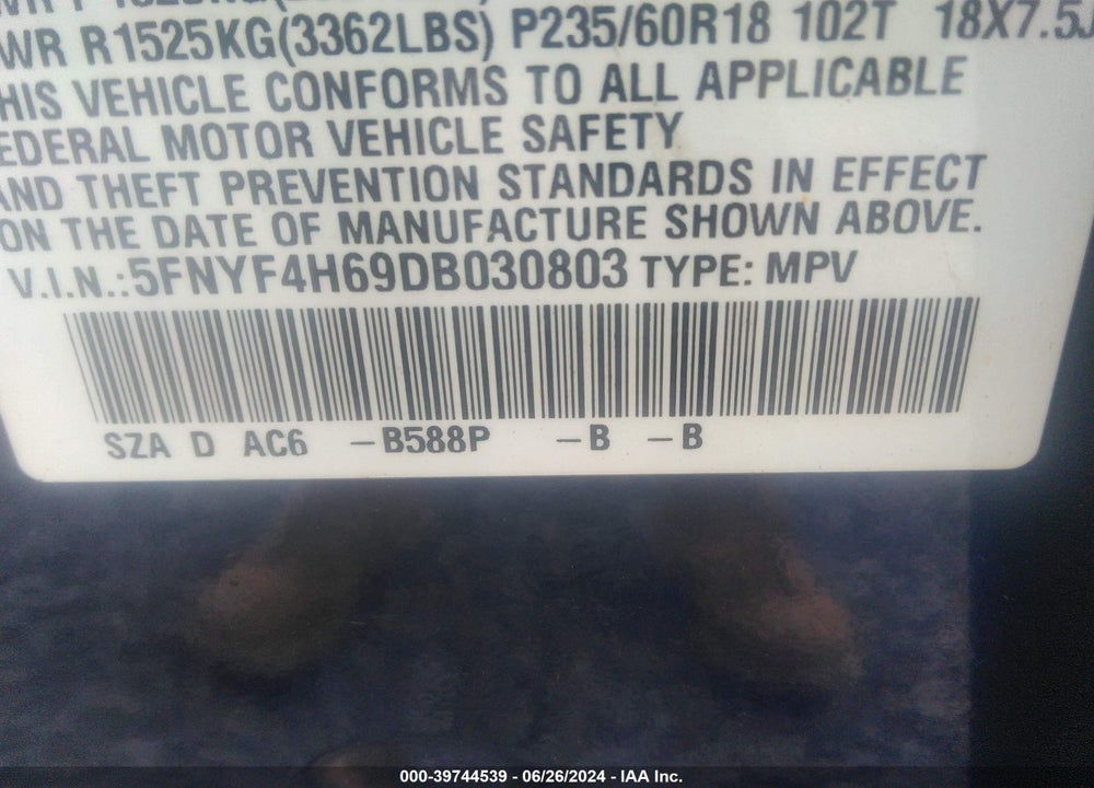 2013 HONDA PILOT EX-L VIN: 5FNYF4H69DB030803