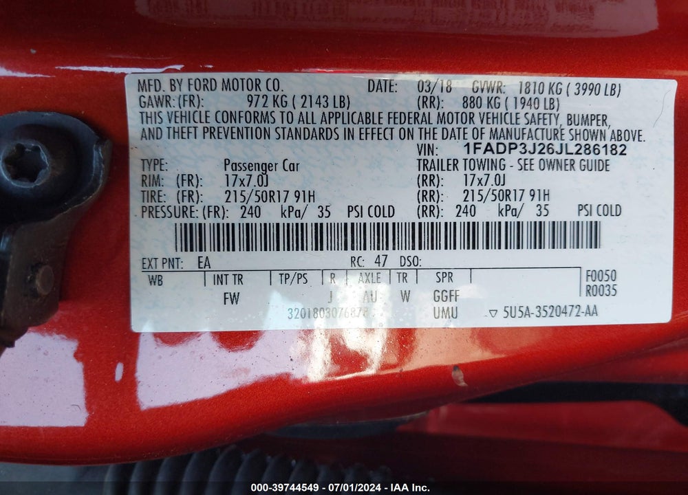 2018 FORD FOCUS TITANIUM VIN: 1FADP3J26JL286182