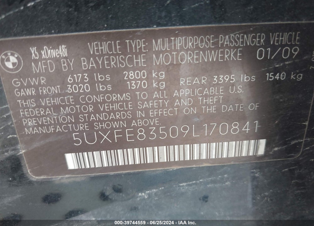 2009 BMW X5 XDRIVE48I VIN: 5UXFE83509L170841