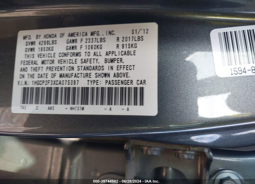 2012 HONDA ACCORD 2.4 LX VIN: 1HGCP2F3XCA075097