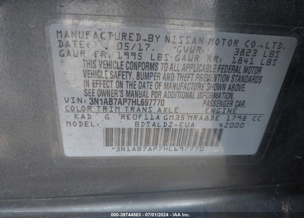2017 NISSAN SENTRA SV VIN: 3N1AB7AP7HL697770