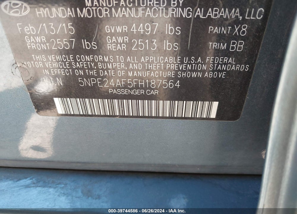 2015 HYUNDAI SONATA SE VIN: 5NPE24AF5FH187564