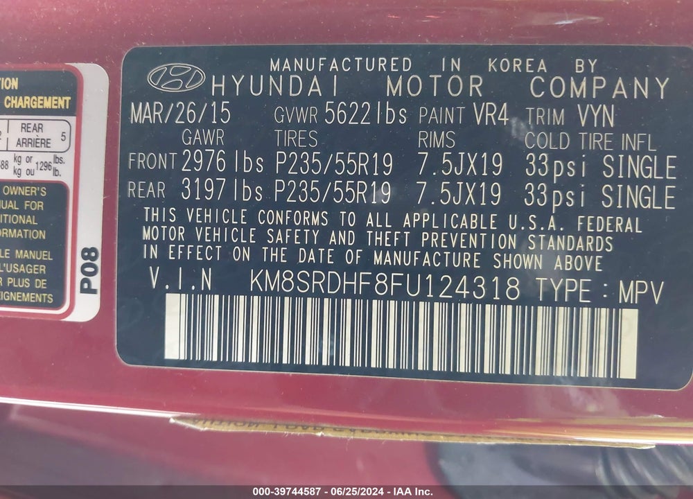 2015 HYUNDAI SANTA FE GLS VIN: KM8SRDHF8FU124318