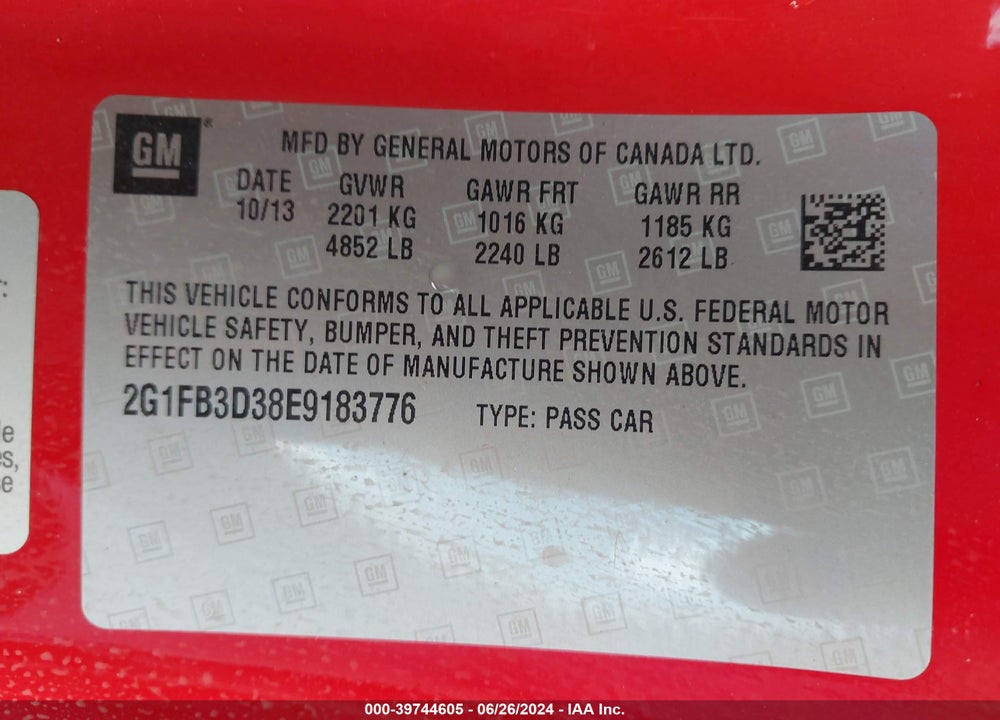 2014 CHEVROLET CAMARO 1LT VIN: 2G1FB3D38E9183776