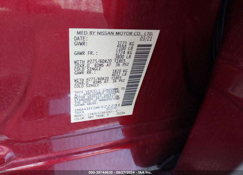 2021 NISSAN TITAN PLATINUM RESERVE 4X2 VIN: 1N6AA1EF1MN522291