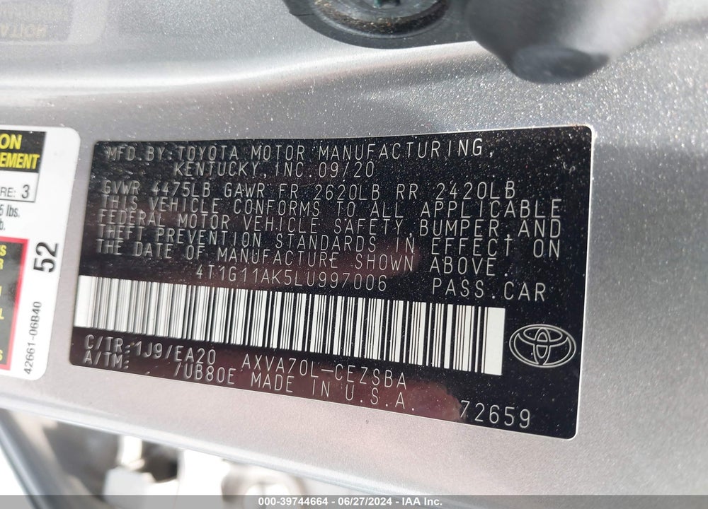 2020 TOYOTA CAMRY SE VIN: 4T1G11AK5LU997006