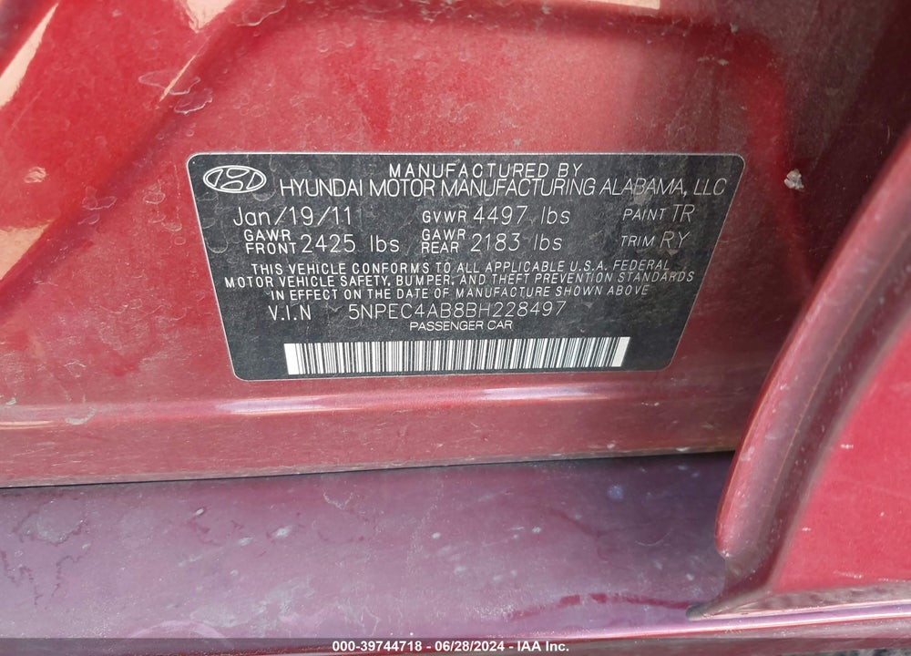 2011 HYUNDAI SONATA SE 2.0T VIN: 5NPEC4AB8BH228497