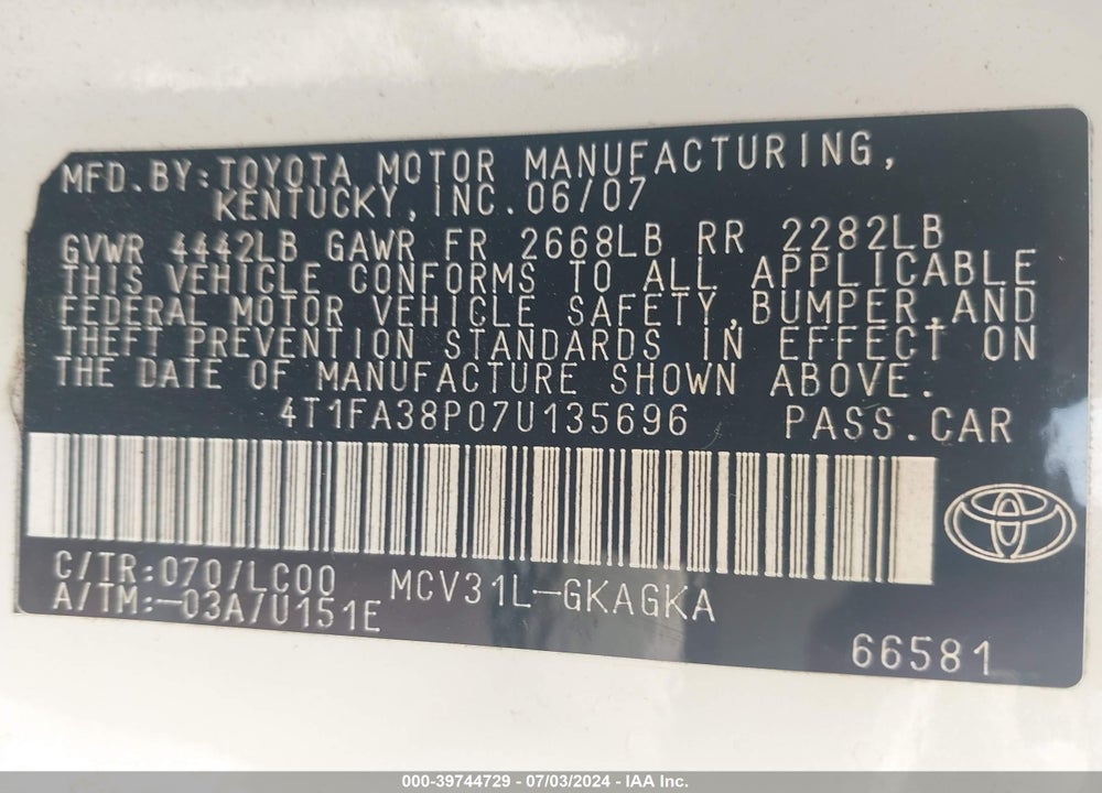 2007 TOYOTA CAMRY SOLARA VIN: 4T1FA38P07U135696