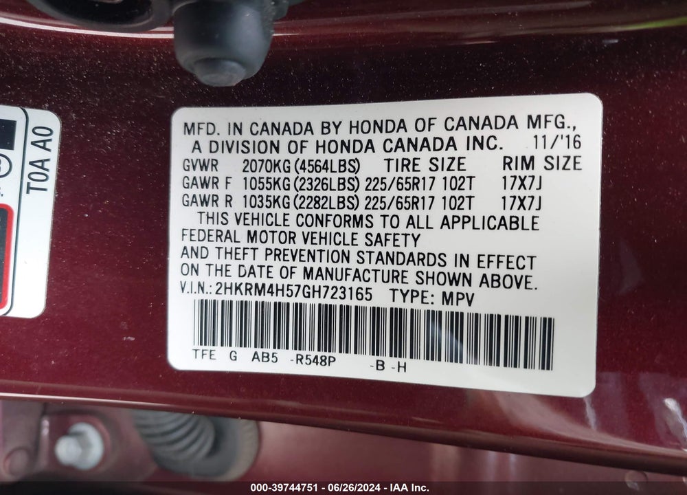 2016 HONDA CR-V EX VIN: 2HKRM4H57GH723165