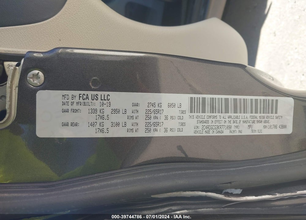 2019 DODGE GRAND CARAVAN SXT VIN: 2C4RDGCG3KR771090